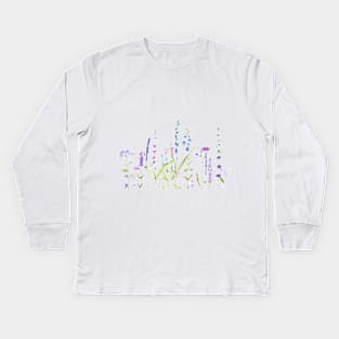 purple blue wild flowers watercolor painting Kids Long Sleeve T-Shirt